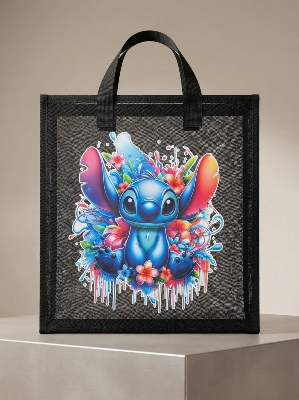 Kids Black Tote Bag with Colorful Blue Character Print mesh tote bag